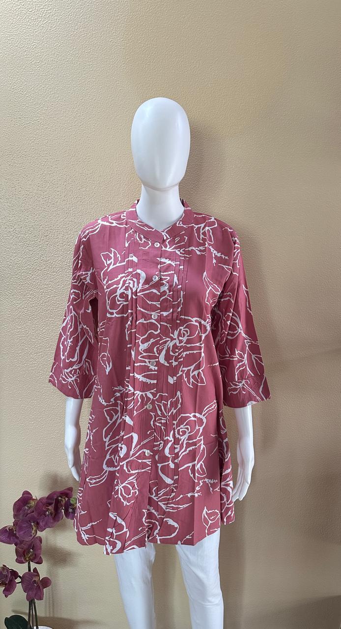 Short Cotton Rayon Printed Pink Kurti