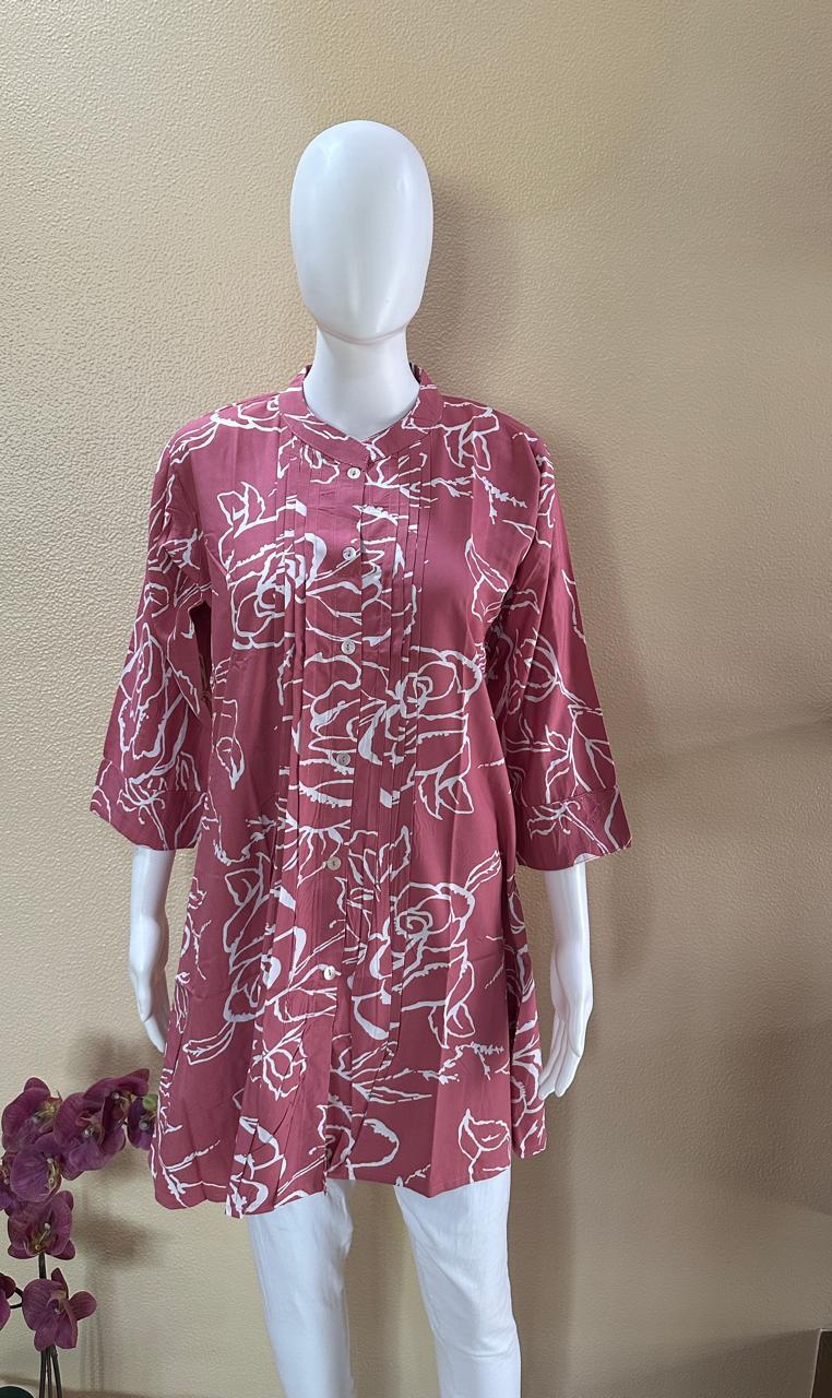 Short Cotton Rayon Printed Pink Kurti