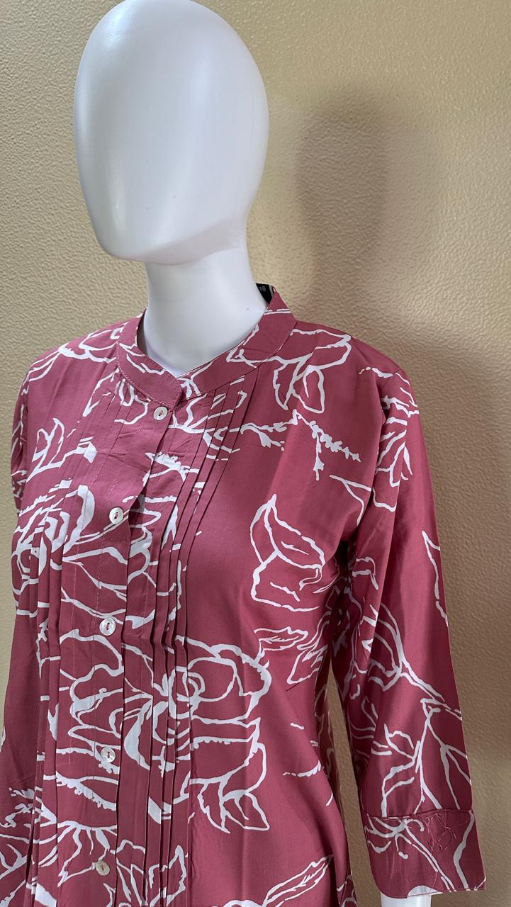 Short Cotton Rayon Printed Pink Kurti