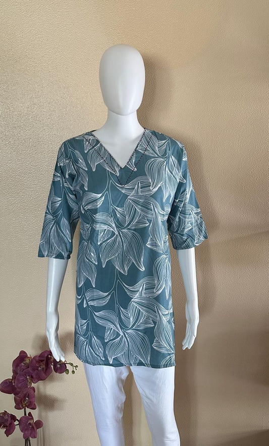 Short Cotton Rayon Blue Printed Kurti