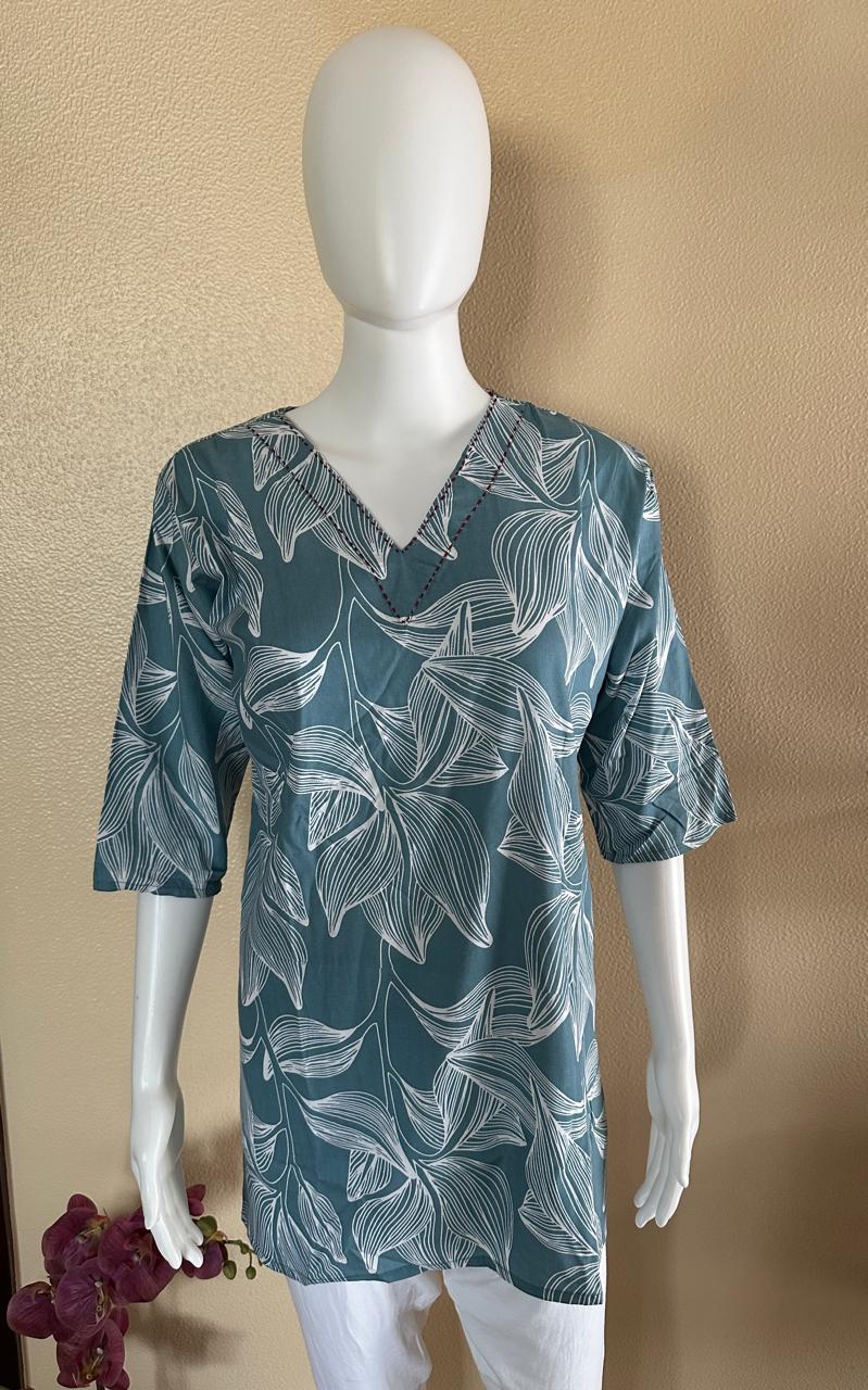 Short Cotton Rayon Blue Printed Kurti