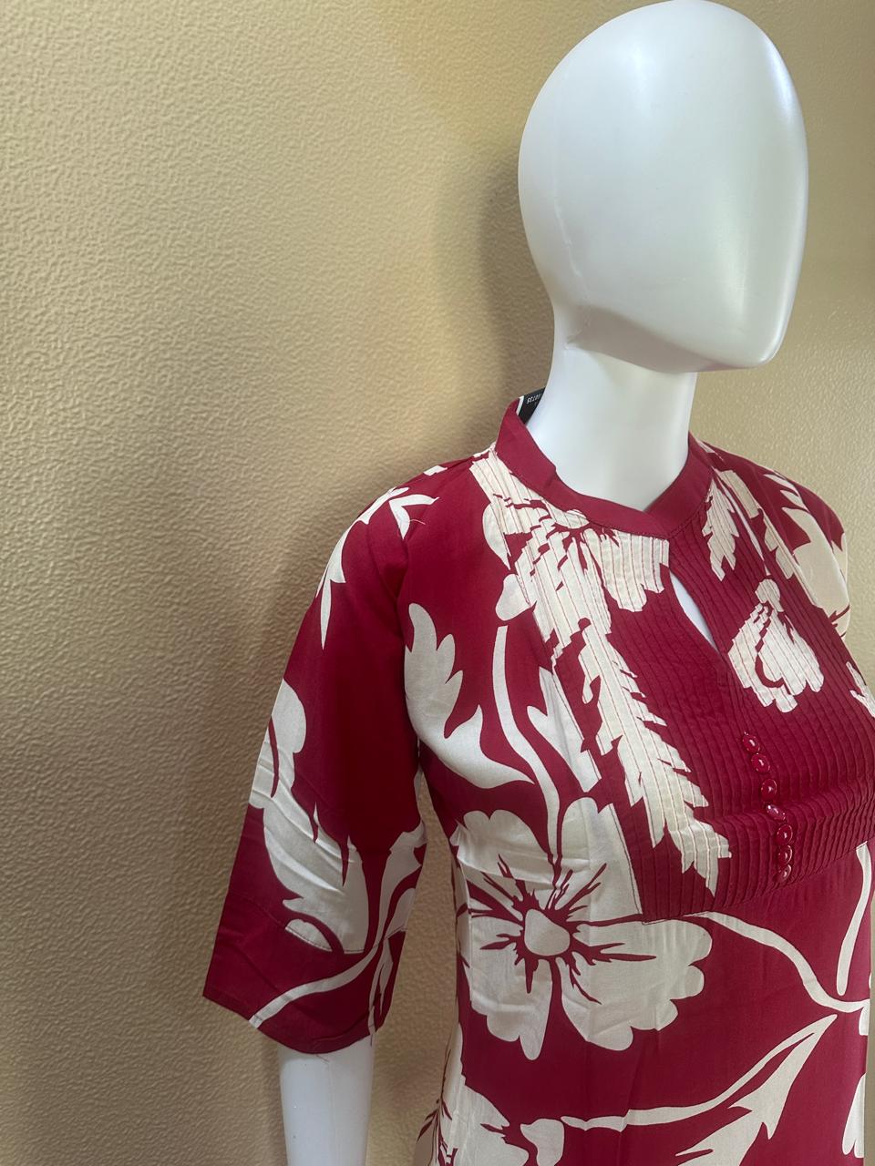Short Cotton Rayon Red printed Kurti