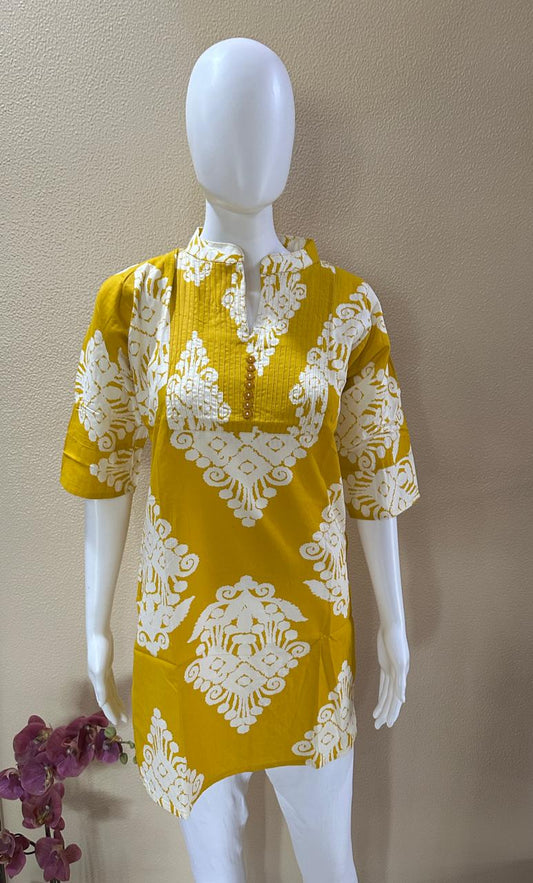 Short Cotton Printed Pleated yellow Kurti