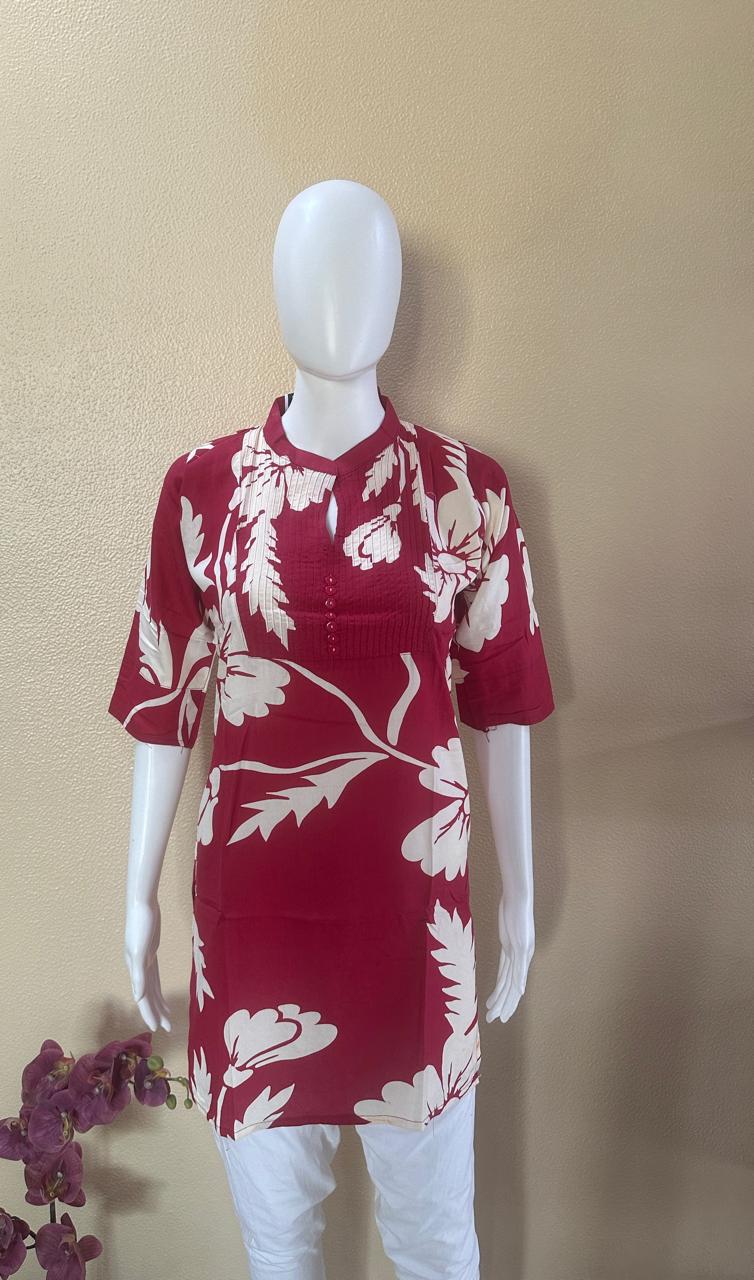 Short Cotton Rayon Red printed Kurti