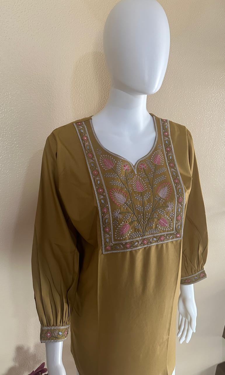 Embroidered short cotton brown Kurti