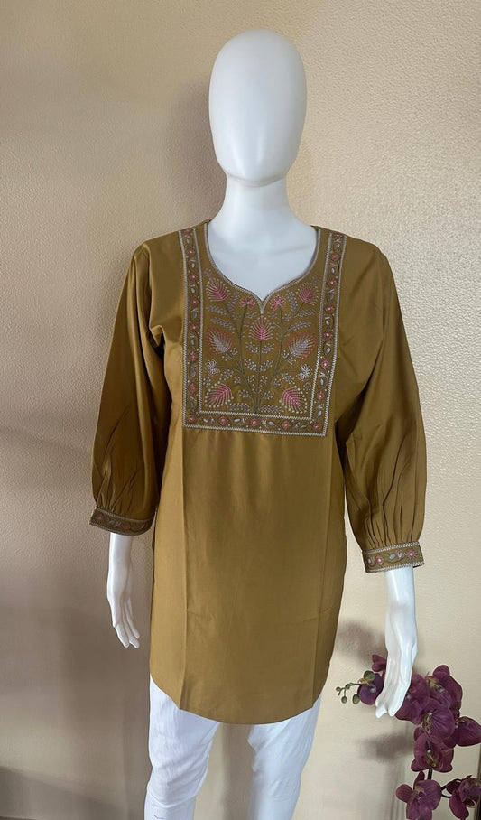 Embroidered short cotton brown Kurti