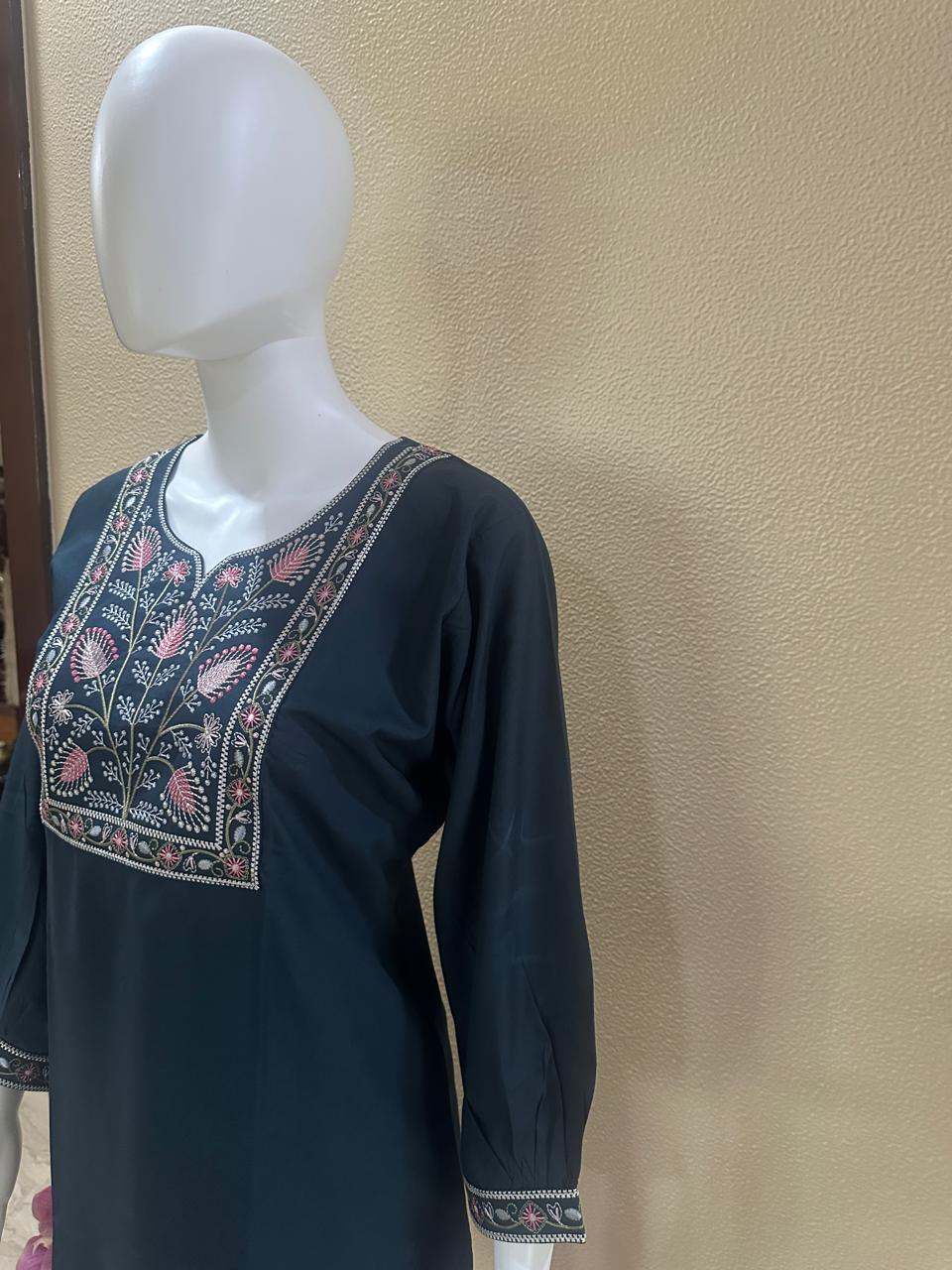 Embroidered Cotton Short Blue Kurti