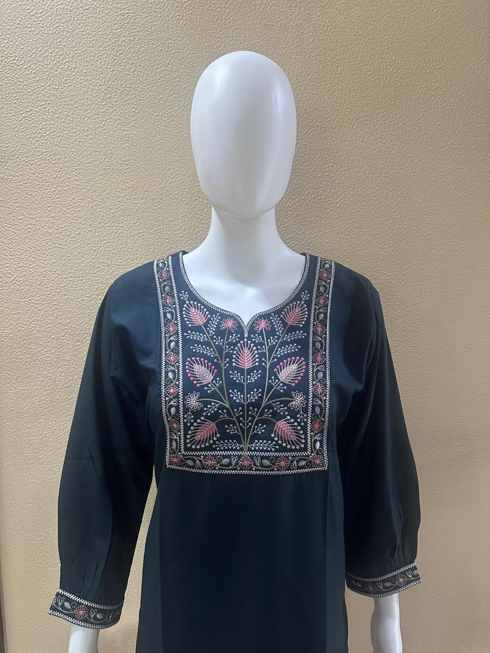 Embroidered Cotton Short Blue Kurti