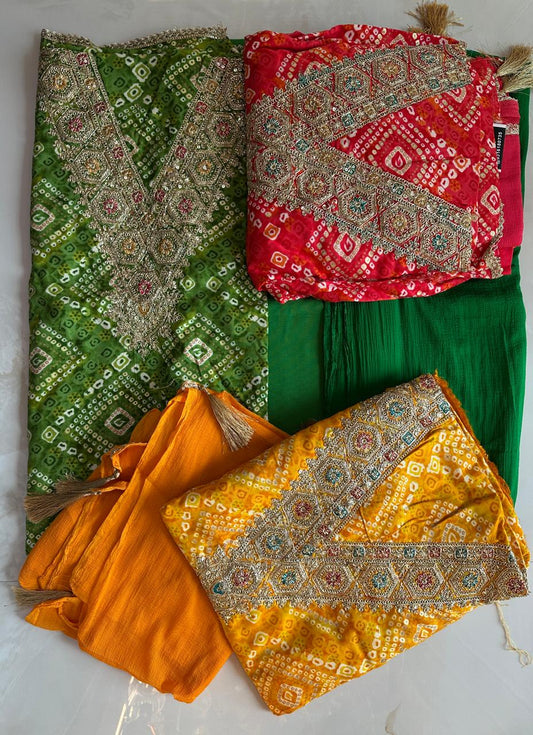 Bandhini Festive cotton Suit Dress material with dupatta (3 Colors)
