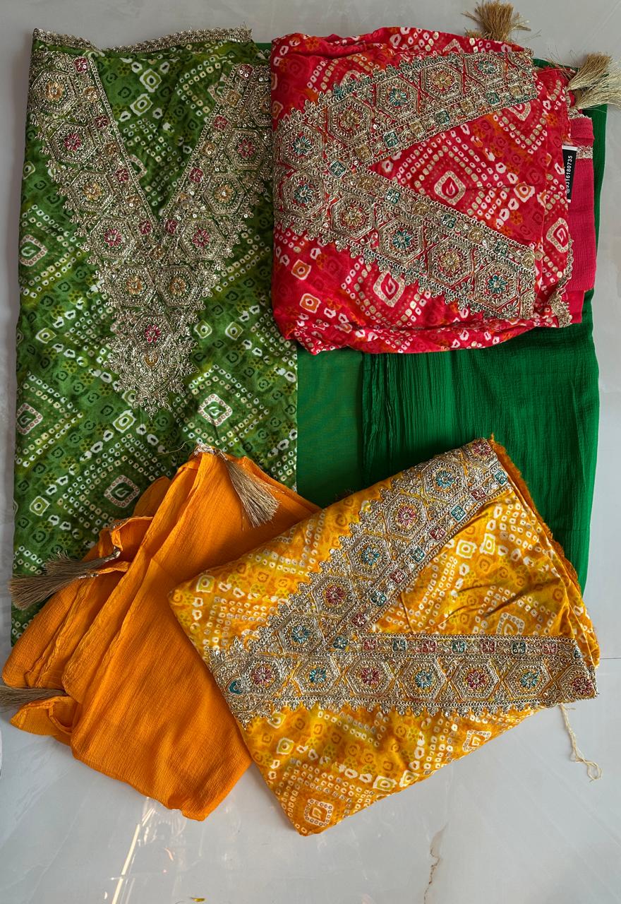 Bandhini Festive cotton Suit Dress material with dupatta (3 Colors)