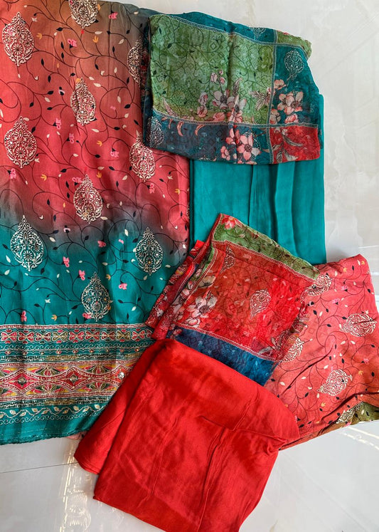Pure Maslin Suit with work with printed dupatta