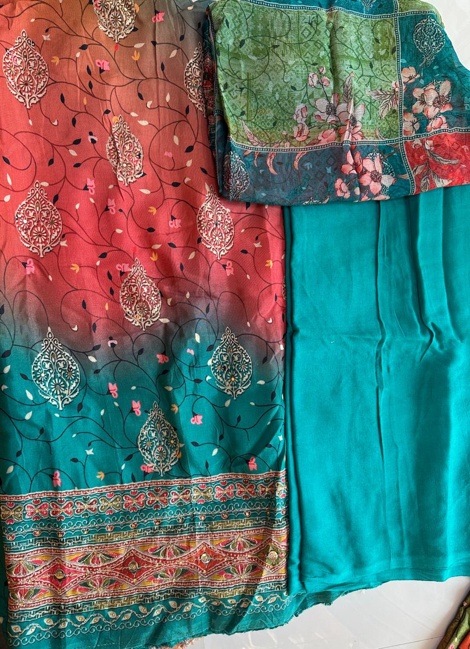 Pure Maslin Suit with work with printed dupatta