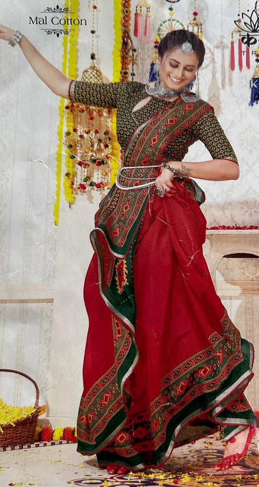 Mal Cotton ethnic saree in Red and Green