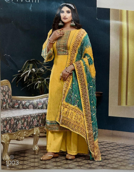 SRIVALLI Collection- Rich cotton dress material with thread embroidered dupatta