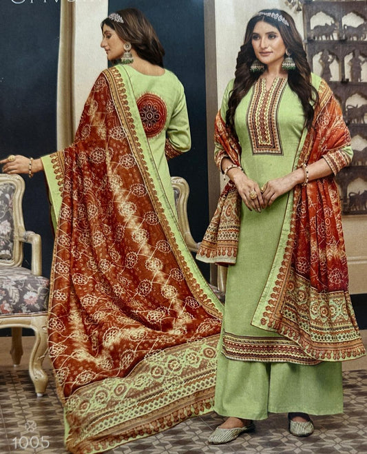 SRIVALLI Collection - Rich cotton dress material with thread embroidered dupatta