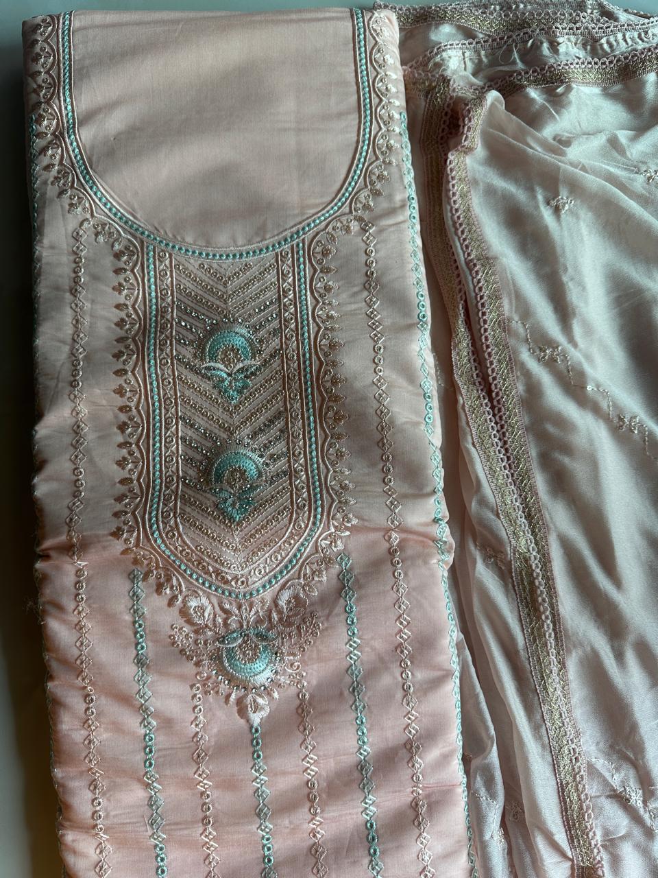 Pure Roman silk hand embroidered Semi-stitched dress material with heavy Chinon dupatta (3 colors)