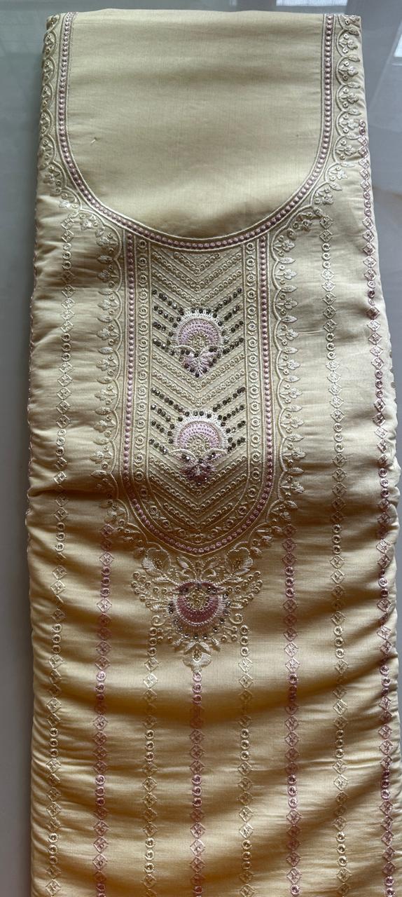 Pure Roman silk hand embroidered Semi-stitched dress material with heavy Chinon dupatta (3 colors)