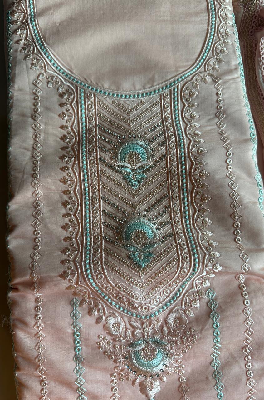Pure Roman silk hand embroidered Semi-stitched dress material with heavy Chinon dupatta (3 colors)