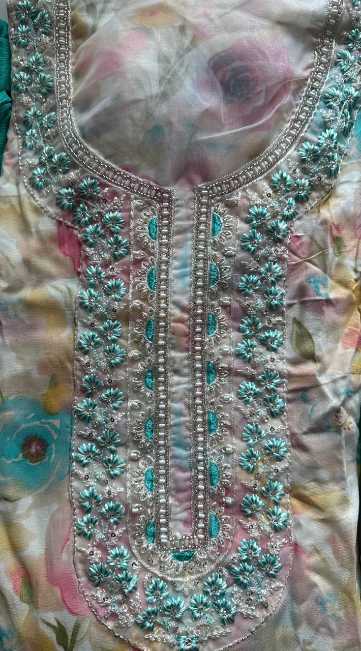 Soft cotton with heavy embroidered Dress material with dupatta - Blue