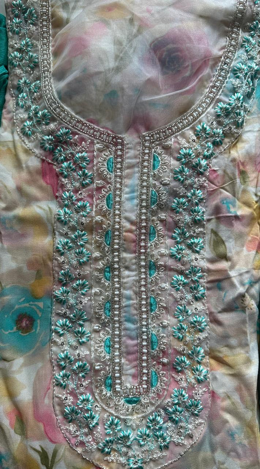 Soft cotton with heavy embroidered Dress material with dupatta - Blue