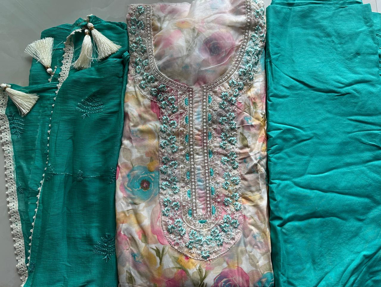 Soft cotton with heavy embroidered Dress material with dupatta - Blue