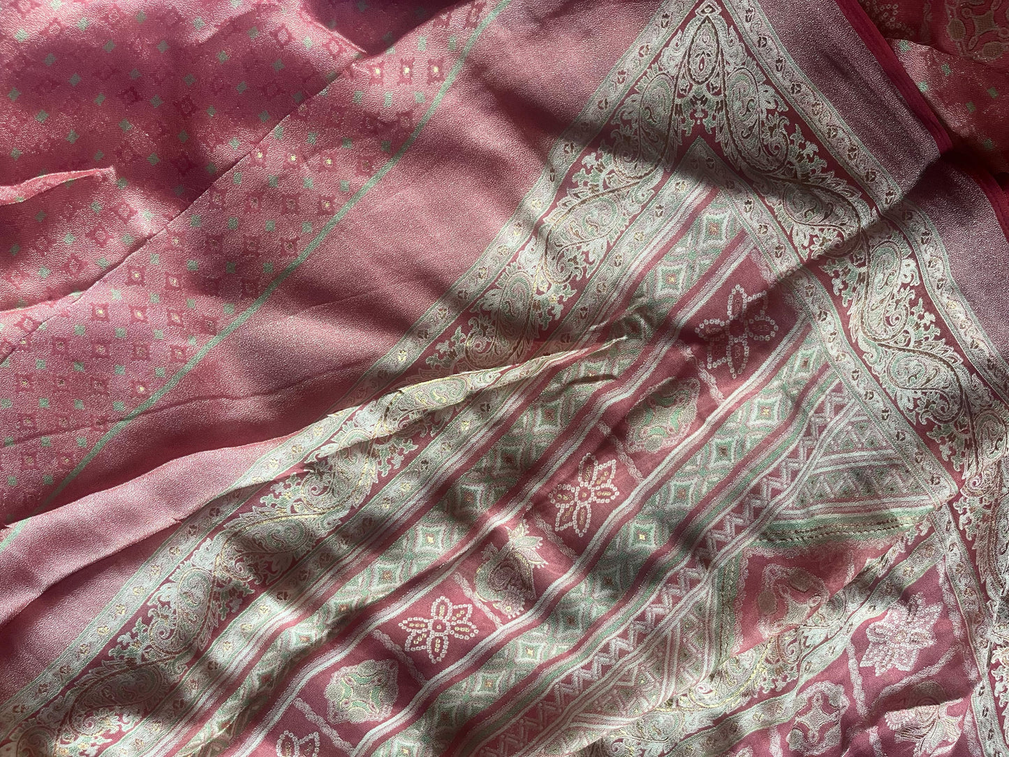 Close-up of pink fabric with intricate patterns