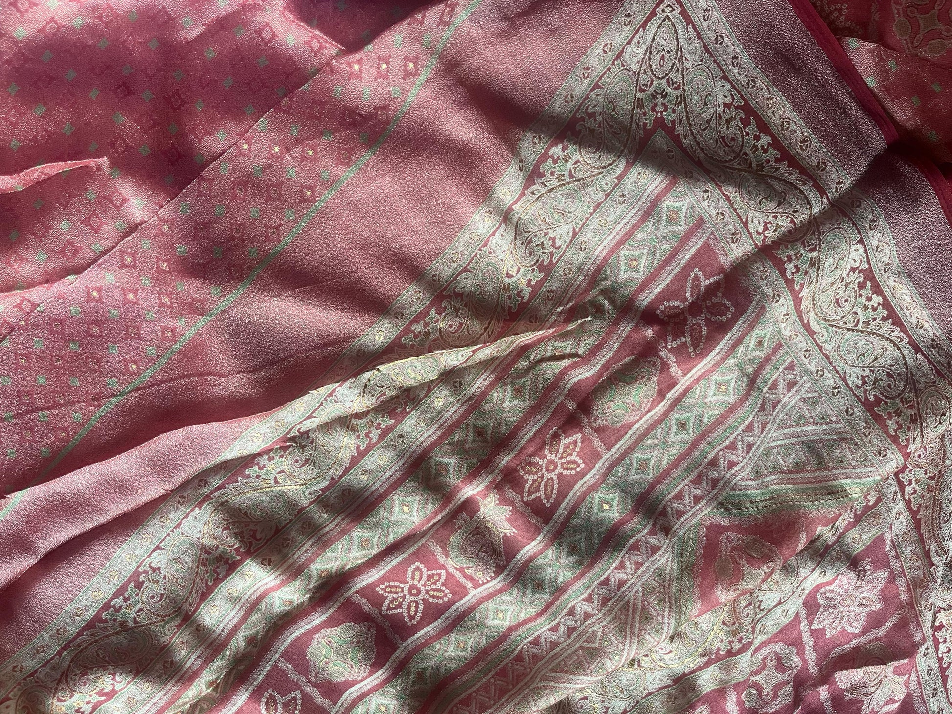 Close-up of pink fabric with intricate patterns
