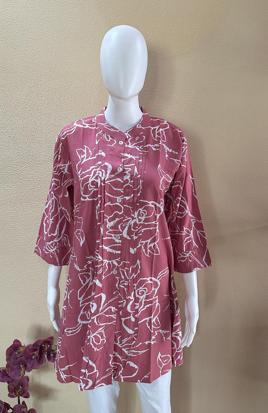 Short Cotton Rayon Printed Pink Kurti