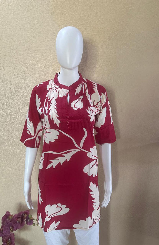 Short Cotton Rayon Red printed Kurti