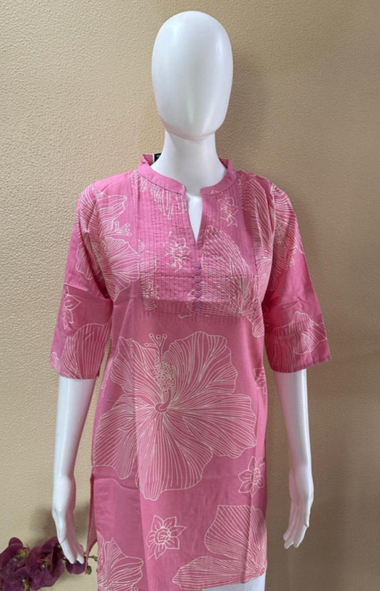 Short Printed Cotton Rayon Pink Kurti
