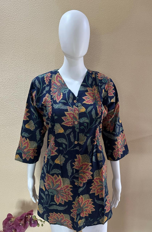 Short Cotton Rayon Printed Blue Kurti