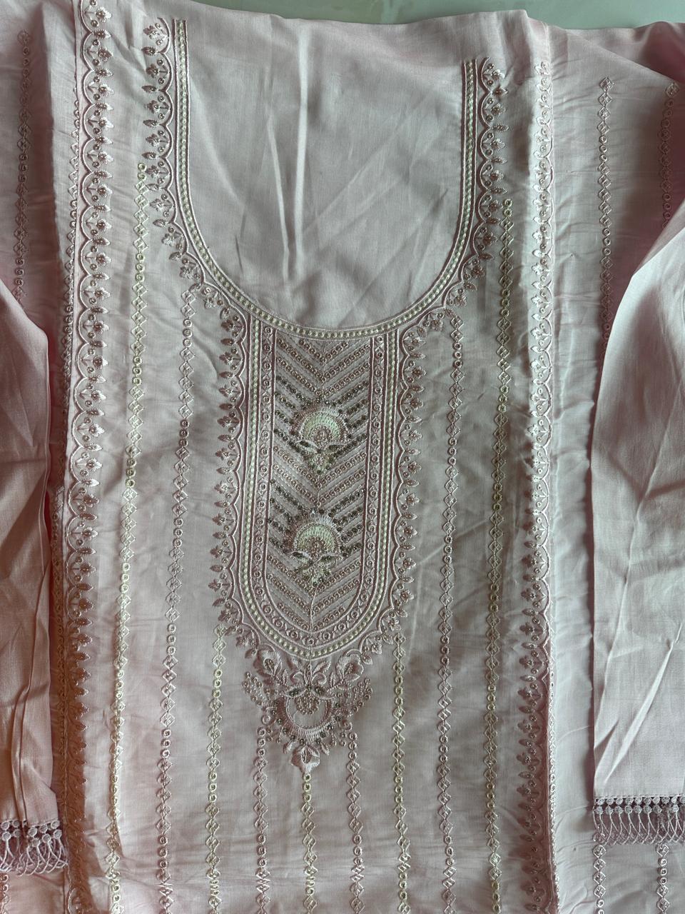 Pure Roman silk hand embroidered Semi-stitched dress material with heavy Chinon dupatta (3 colors)