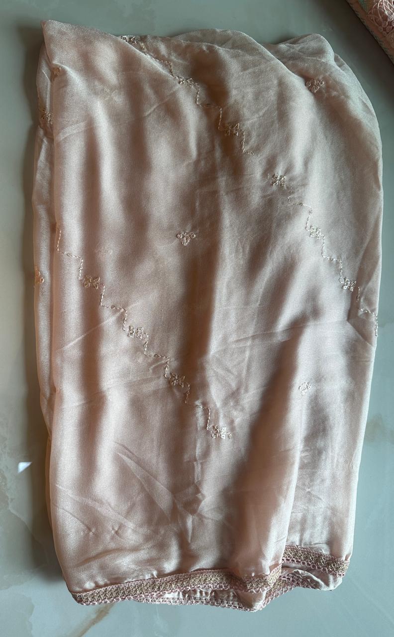 Pure Roman silk hand embroidered Semi-stitched dress material with heavy Chinon dupatta (3 colors)