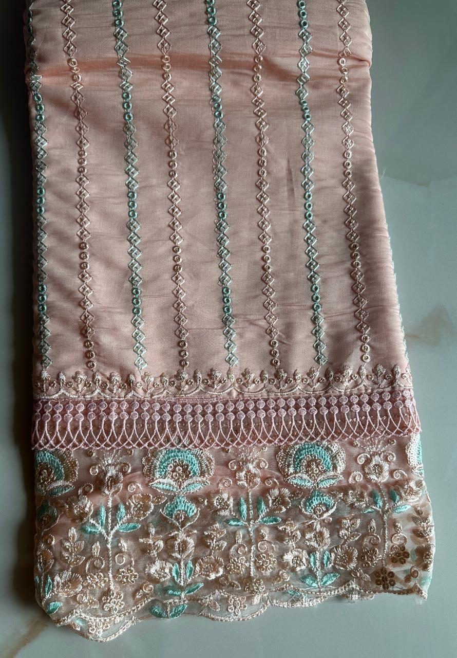 Pure Roman silk hand embroidered Semi-stitched dress material with heavy Chinon dupatta (3 colors)