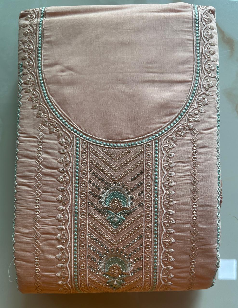 Pure Roman silk hand embroidered Semi-stitched dress material with heavy Chinon dupatta (3 colors)