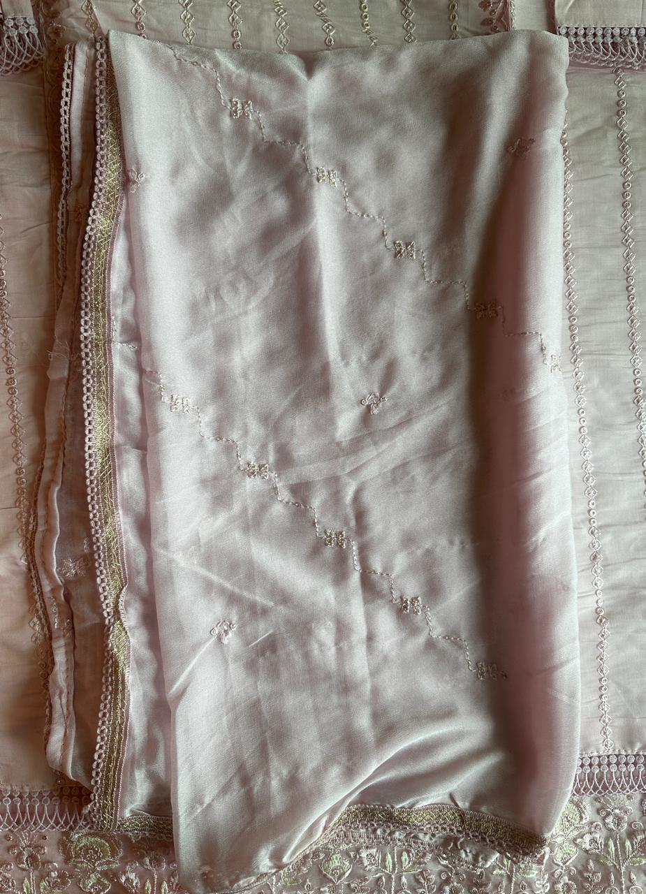 Pure Roman silk hand embroidered Semi-stitched dress material with heavy Chinon dupatta (3 colors)