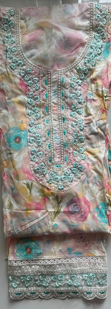 Soft cotton with heavy embroidered Dress material with dupatta - Blue