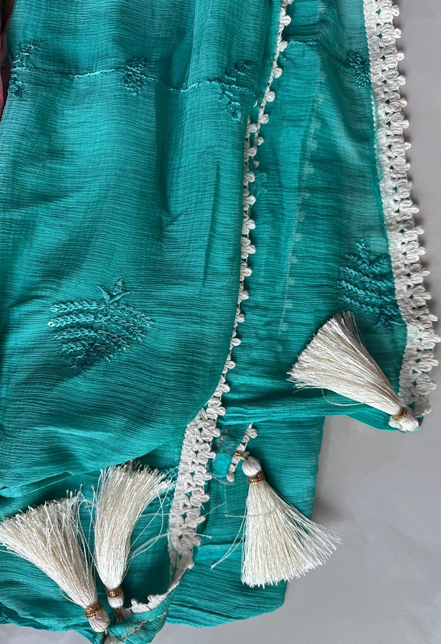 Soft cotton with heavy embroidered Dress material with dupatta - Blue